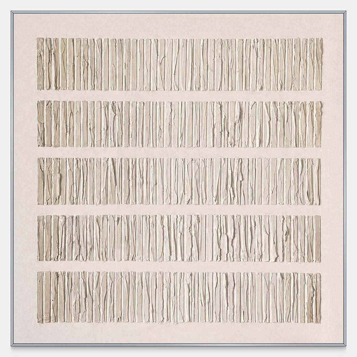 Square cream abstract artwork with five horizontal bands of closely spaced pale ridges.
