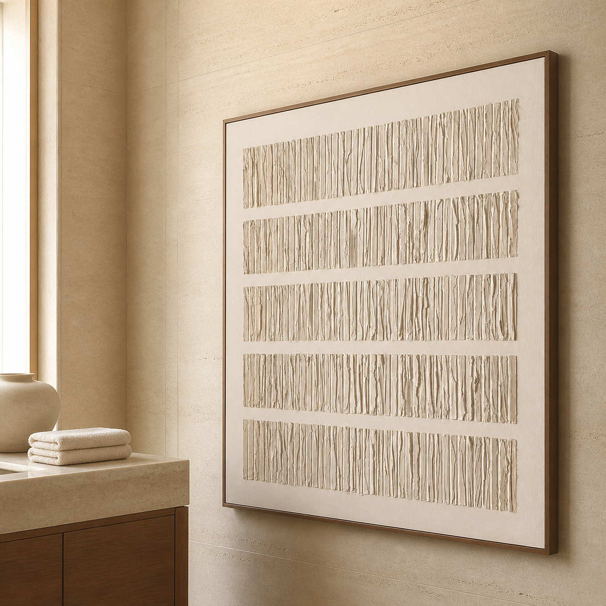 Wood framed pale ridged artwork beside a stone vanity in a bathroom dry area.