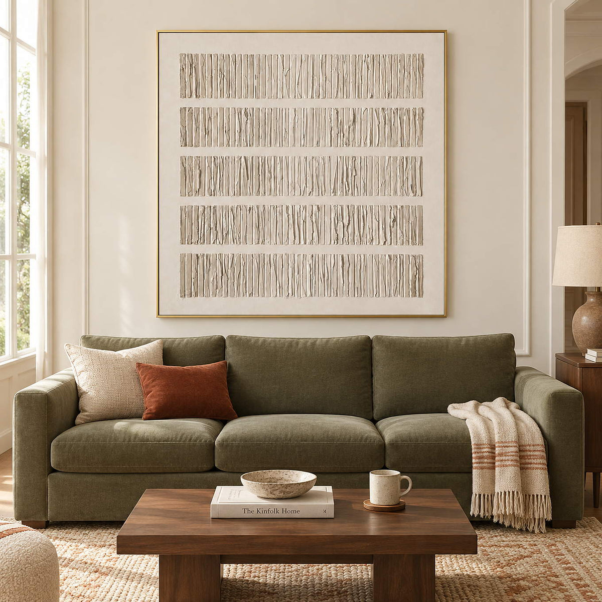 Cream relief painting with five horizontal bands of narrow vertical ridges in a gold frame in a living room.