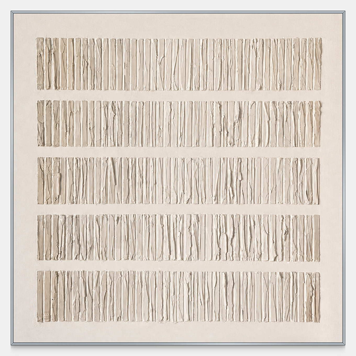 Square cream abstract artwork with five horizontal bands of closely spaced pale ridges.
