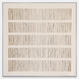 Square cream abstract artwork with five horizontal bands of closely spaced pale ridges.