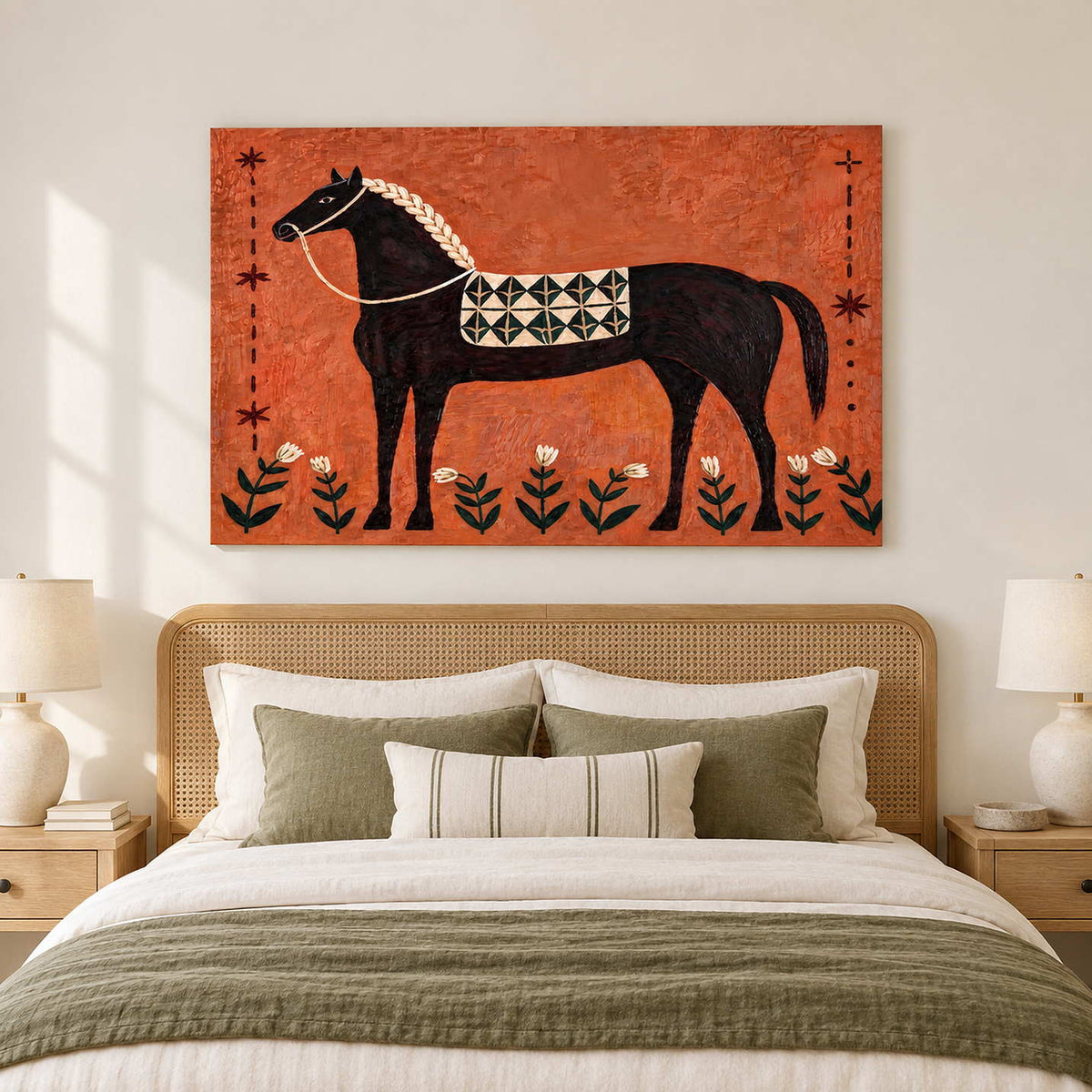 Horse-and-flowers painting over a woven headboard and green bedding.