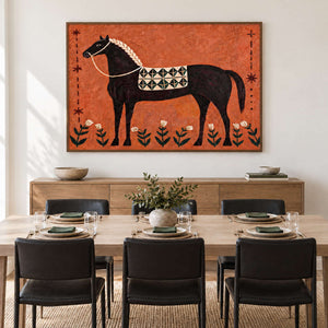 Wide black-horse artwork behind a dining table with black chairs.