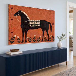 Orange horse artwork above a ribbed dark blue console.