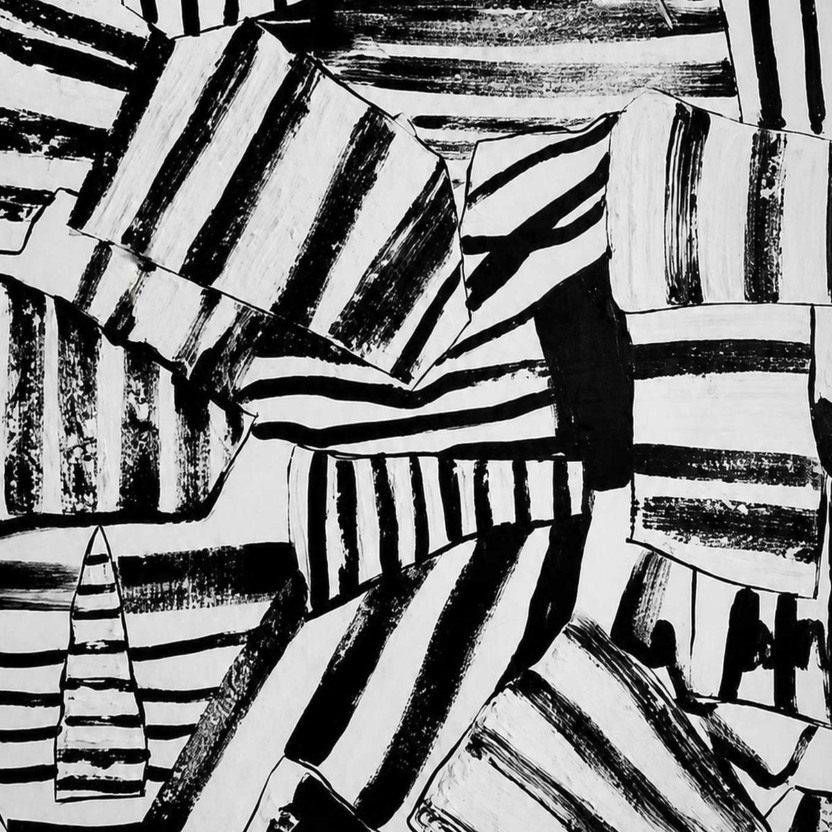 Close-up of irregular black and white stripes with dry-brushed edges and crossing angles.