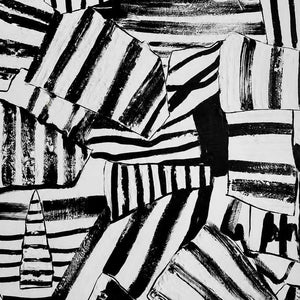 Close-up of irregular black and white stripes with dry-brushed edges and crossing angles.