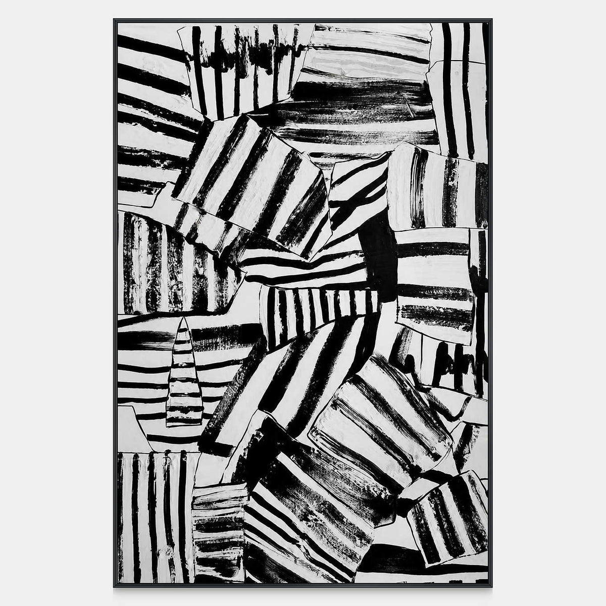 Vertical abstract wall art with tilted black and white stripes and rough brush edges.