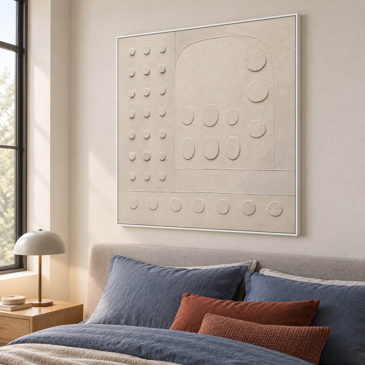 Warm white textured wall art with raised circles and quiet geometry, displayed in a bedroom in a white frame.