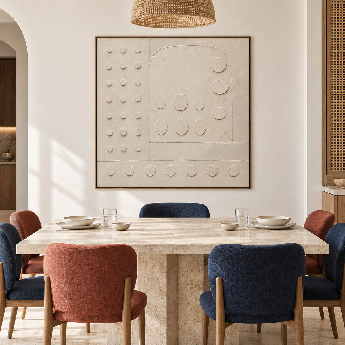 Warm white textured wall art with raised circles and quiet geometry, displayed in a dining room in a brown wood frame.
