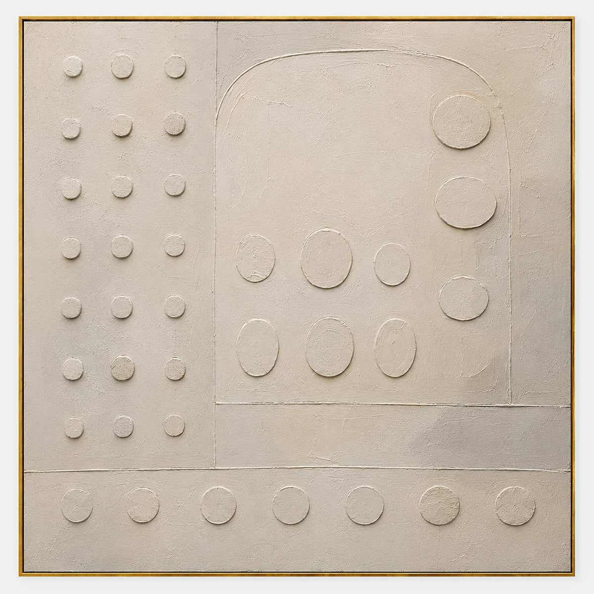 Warm white textured wall art with raised circles and quiet geometry.