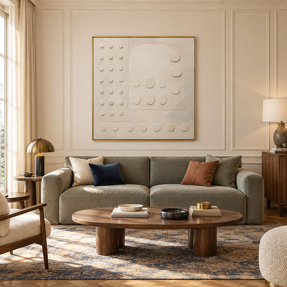 Warm white textured wall art with raised circles and quiet geometry, displayed in a living room in a gold frame.