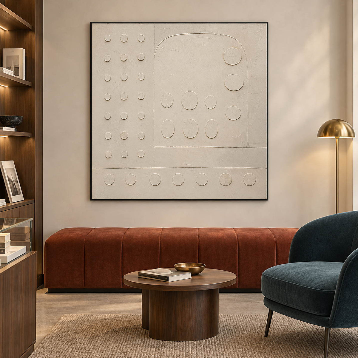 Warm white textured wall art with raised circles and quiet geometry, displayed in a lounge in a black frame.