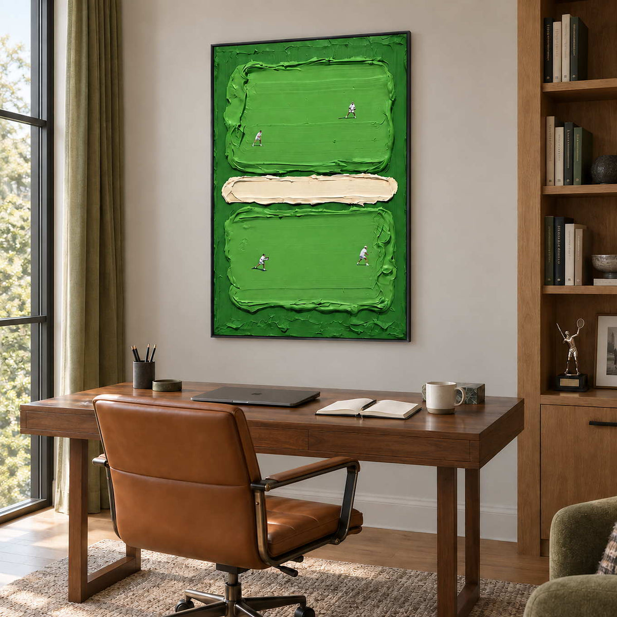 In the Swing in a black frame above a wood desk and brown leather chair beside tall shelving.
