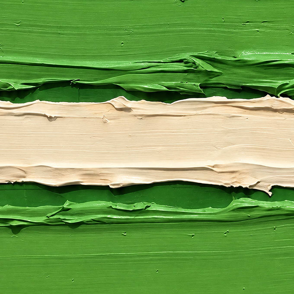 Close-up of In the Swing showing a broad cream band between thick green paint ridges and smooth palette-knife strokes.