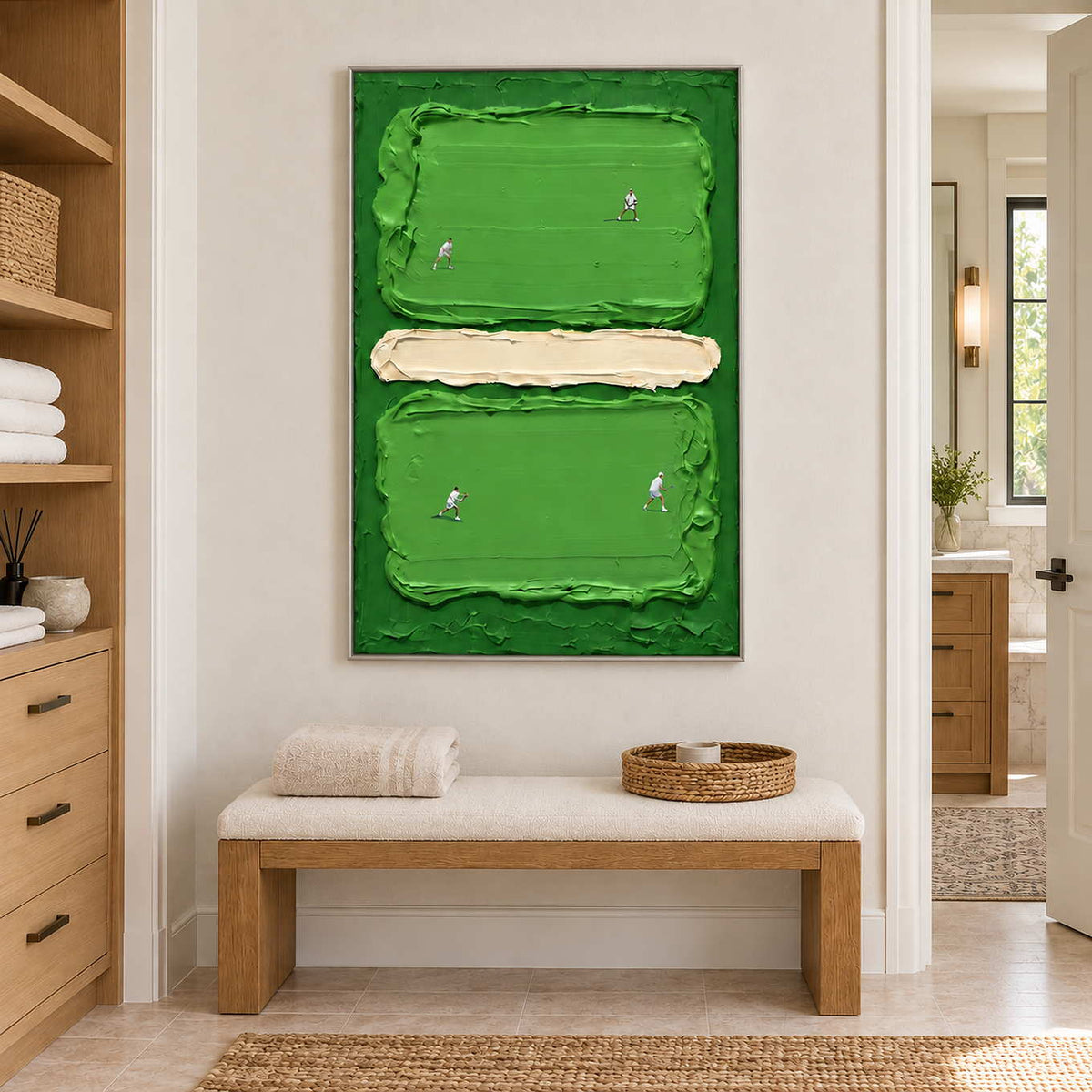 In the Swing in a silver frame above a cushioned wood bench with folded towels in a bathroom dry area.