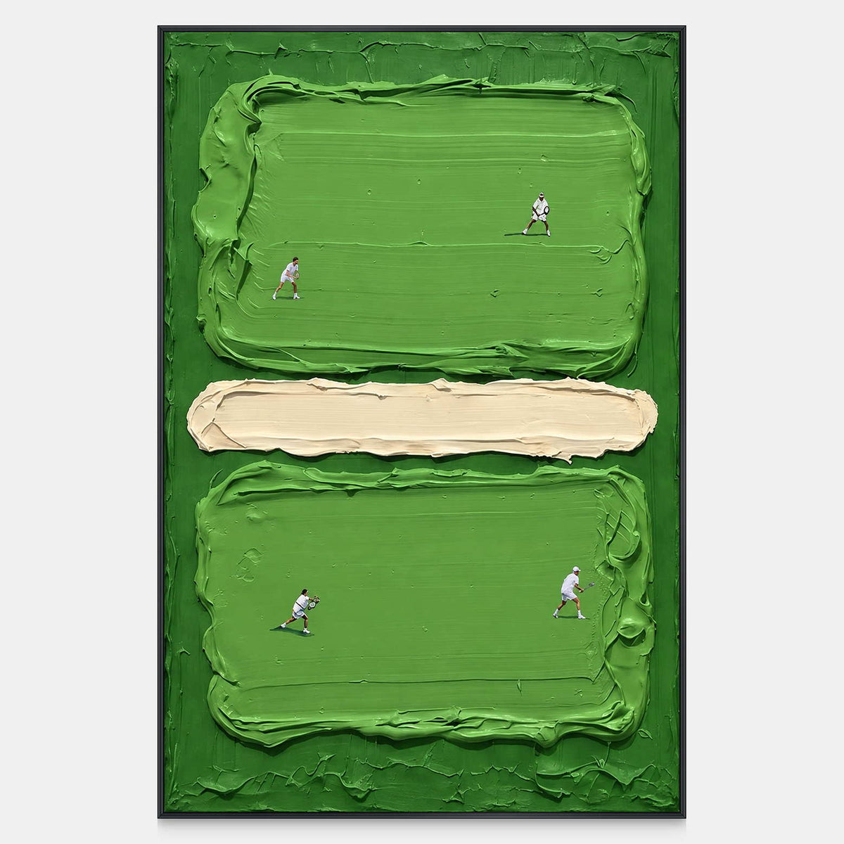 Front view of In the Swing, with four small racket players across thick green fields separated by a pale horizontal band.
