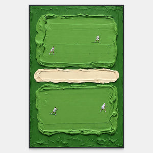 Front view of In the Swing, with four small racket players across thick green fields separated by a pale horizontal band.