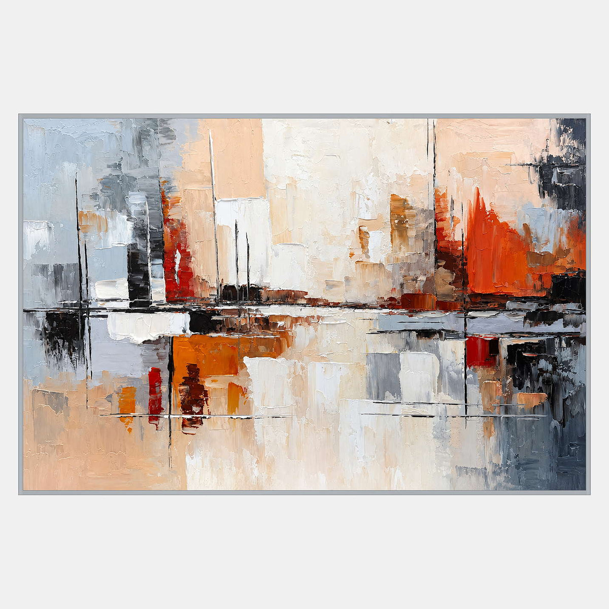 Wide abstract artwork with cream, peach, gray, and orange blocks crossed by thin black lines and a dark horizontal band.