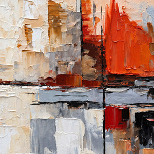 Close-up of raised orange, cream, gray, and brown paint marks intersected by black horizontal lines.