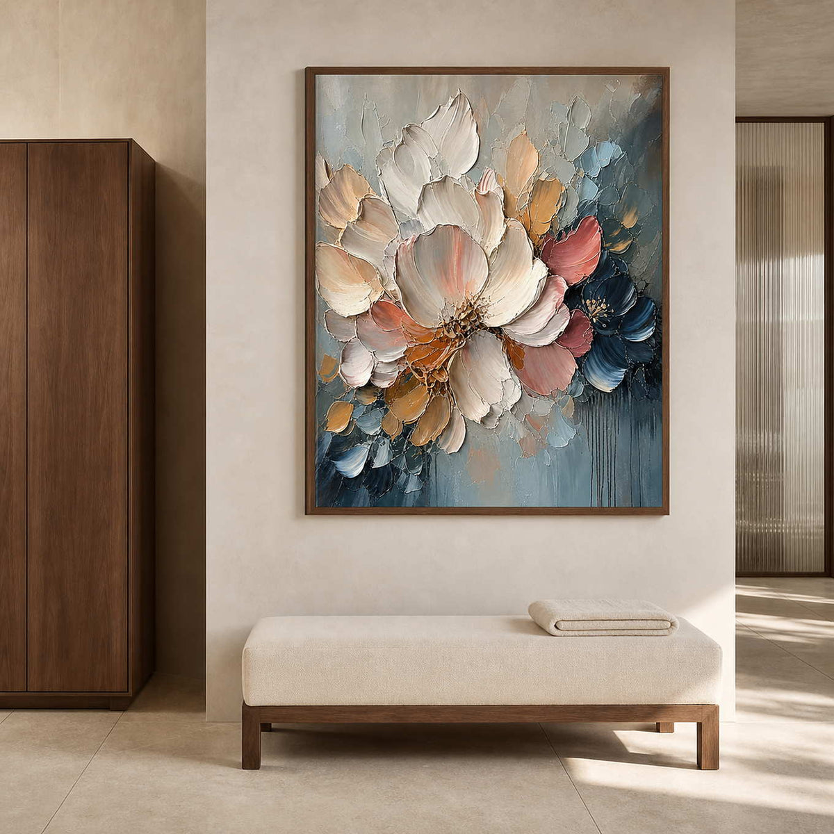 Elegant vertical floral art in a warm spa bathroom.