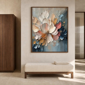 Elegant vertical floral art in a warm spa bathroom.