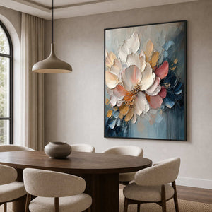 Dramatic botanical wall art above a dark walnut dining room.