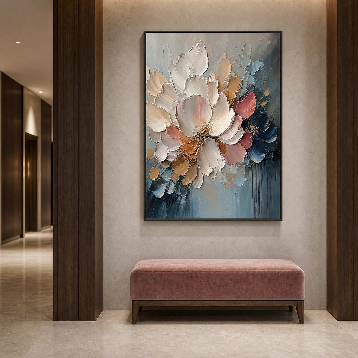 Large ivory floral painting along a boutique hotel corridor.