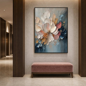 Large ivory floral painting along a boutique hotel corridor.