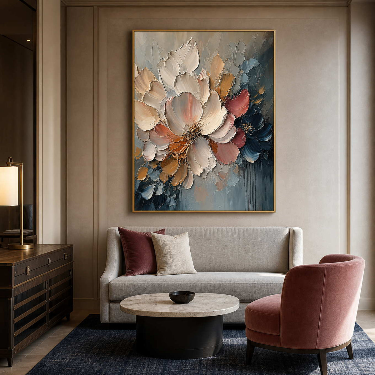 Sculpted botanical wall art in a refined hotel suite.