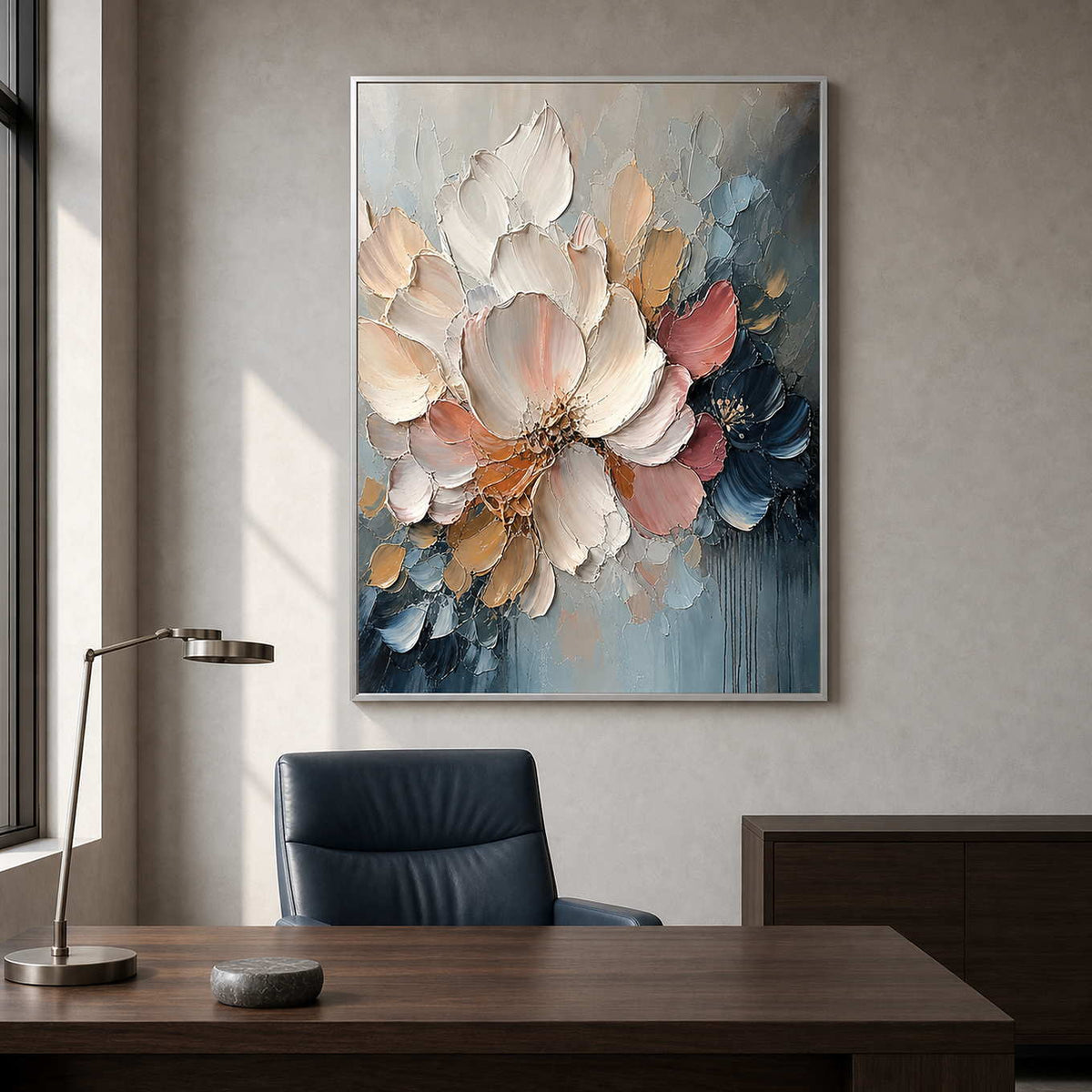 Textured floral art in a refined executive office.