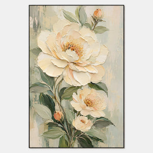 Hand-painted textured floral wall art with white, green, and neutral tones.