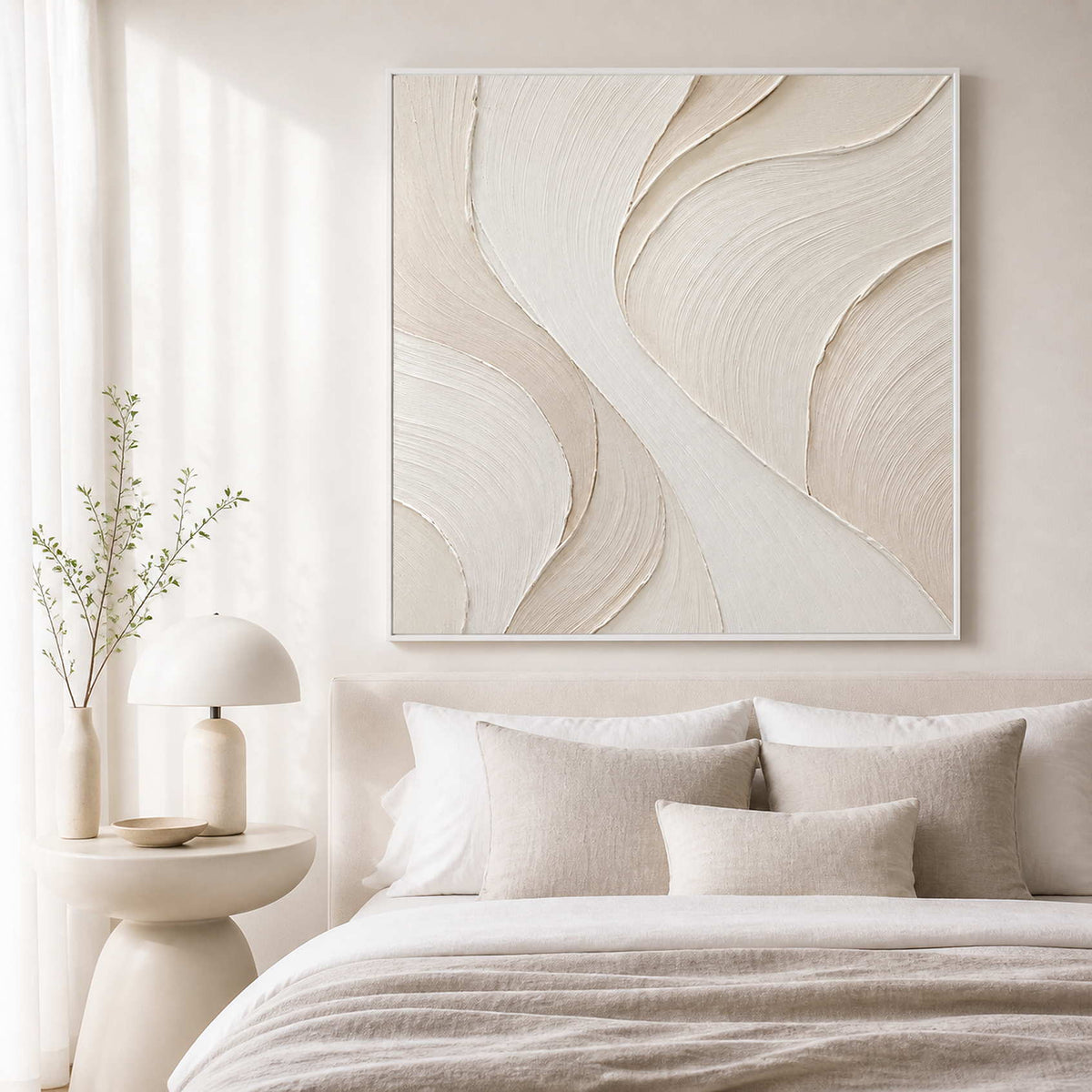 Ivory minimalist wall art displayed in a warm white bedroom.