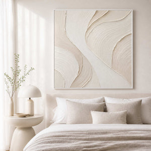 Ivory minimalist wall art displayed in a warm white bedroom.