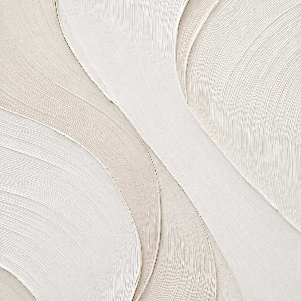 Close-up of cream canvas, flowing combed lines, and raised ivory palette-knife edges.