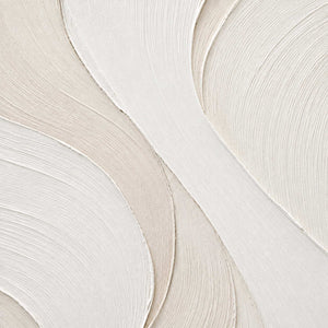 Close-up of cream canvas, flowing combed lines, and raised ivory palette-knife edges.