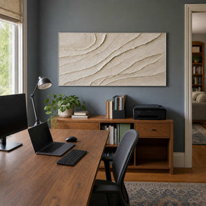 Ivory textured wall art displayed in a blue gray home office.