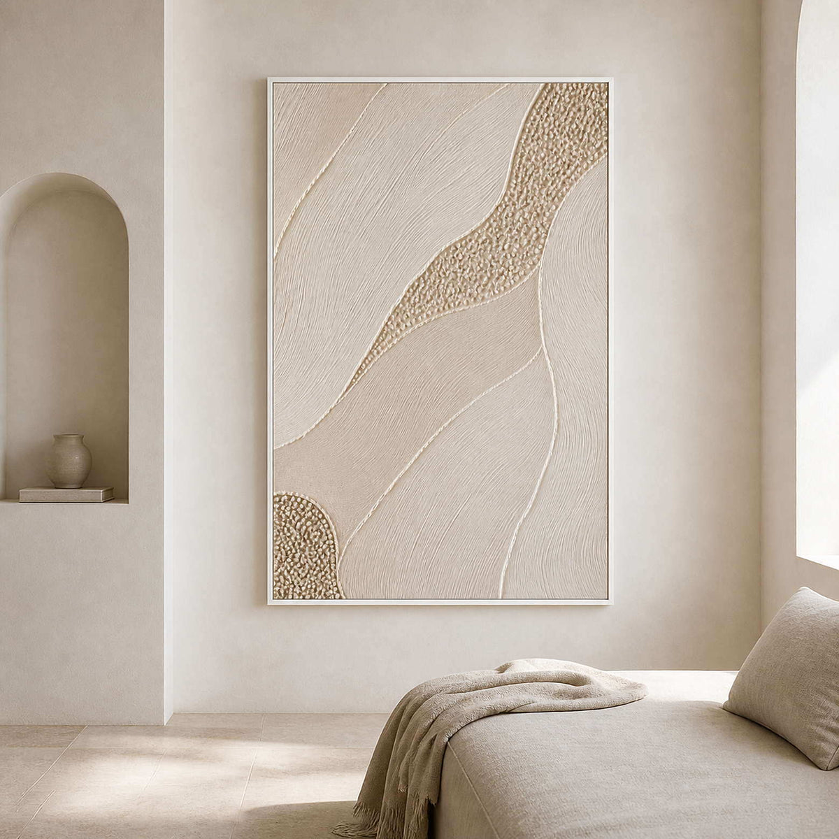 Ivory fields with a golden pebble path wall art in a contemporary bedroom.
