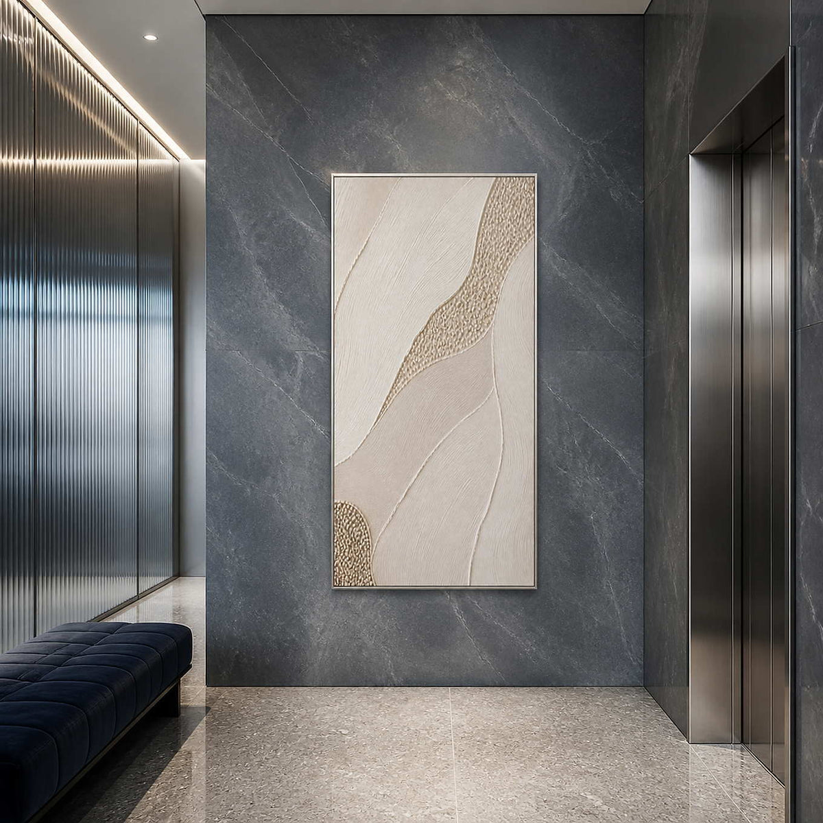 Ivory fields with a golden pebble path wall art in a contemporary commercial lobby.