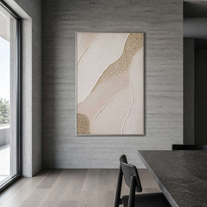 Ivory fields with a golden pebble path wall art in a contemporary dining room.