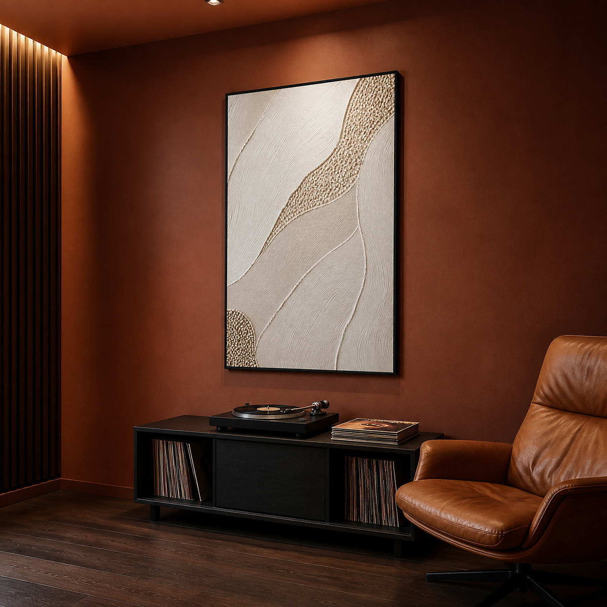 Ivory fields with a golden pebble path wall art in a contemporary home office.
