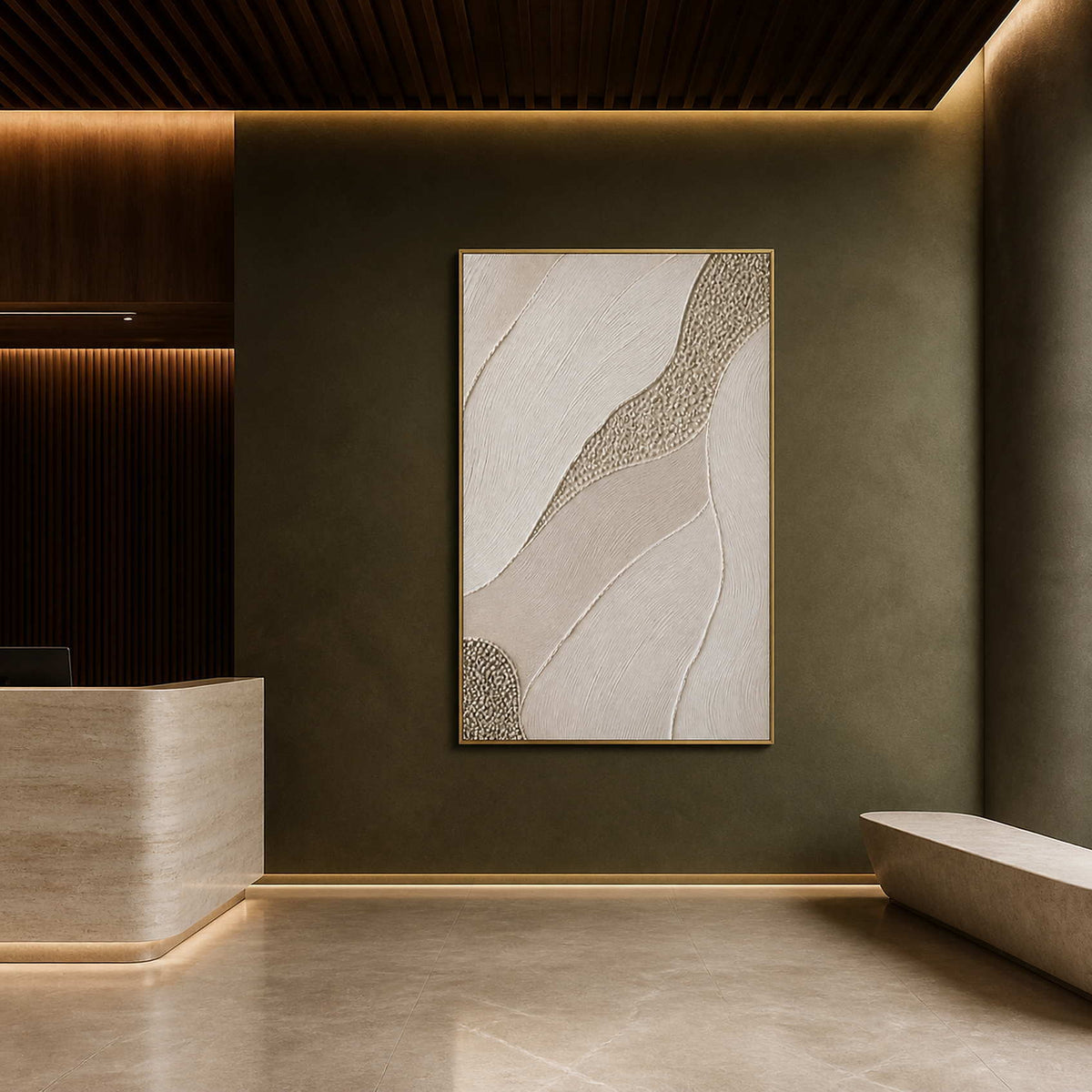 Ivory fields with a golden pebble path wall art in a contemporary hospitality lounge.