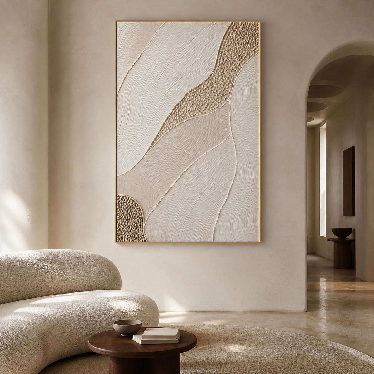 Ivory fields with a golden pebble path wall art in a contemporary living room.
