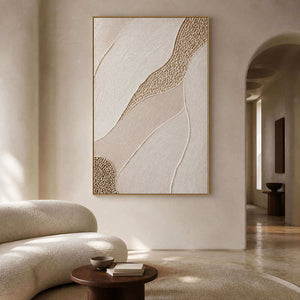 Ivory fields with a golden pebble path wall art in a contemporary living room.