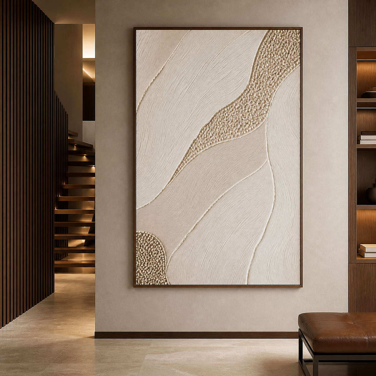 Ivory fields with a golden pebble path wall art in a contemporary stair hall.