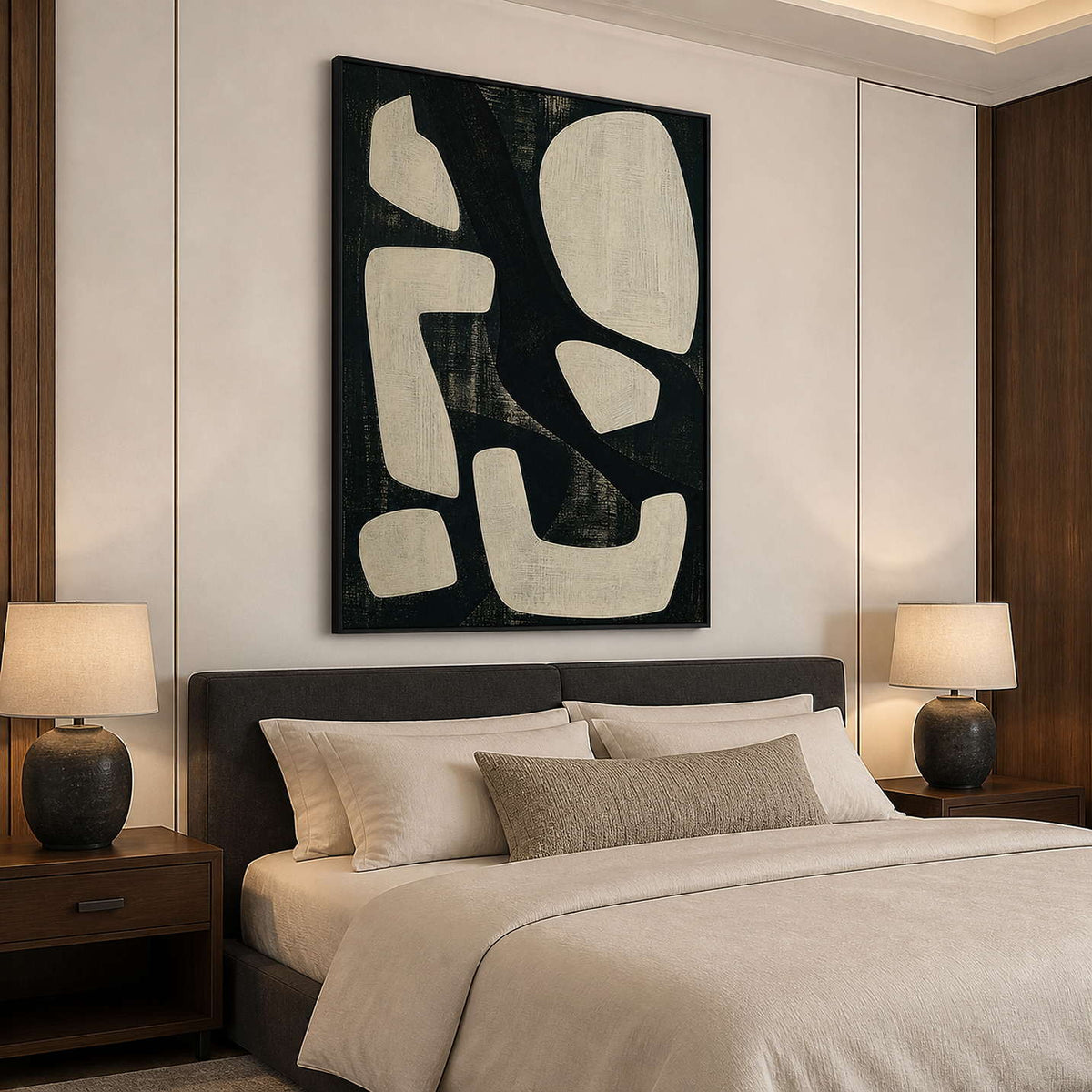 Bold minimalist wall art above a warm bedroom with a wood frame.