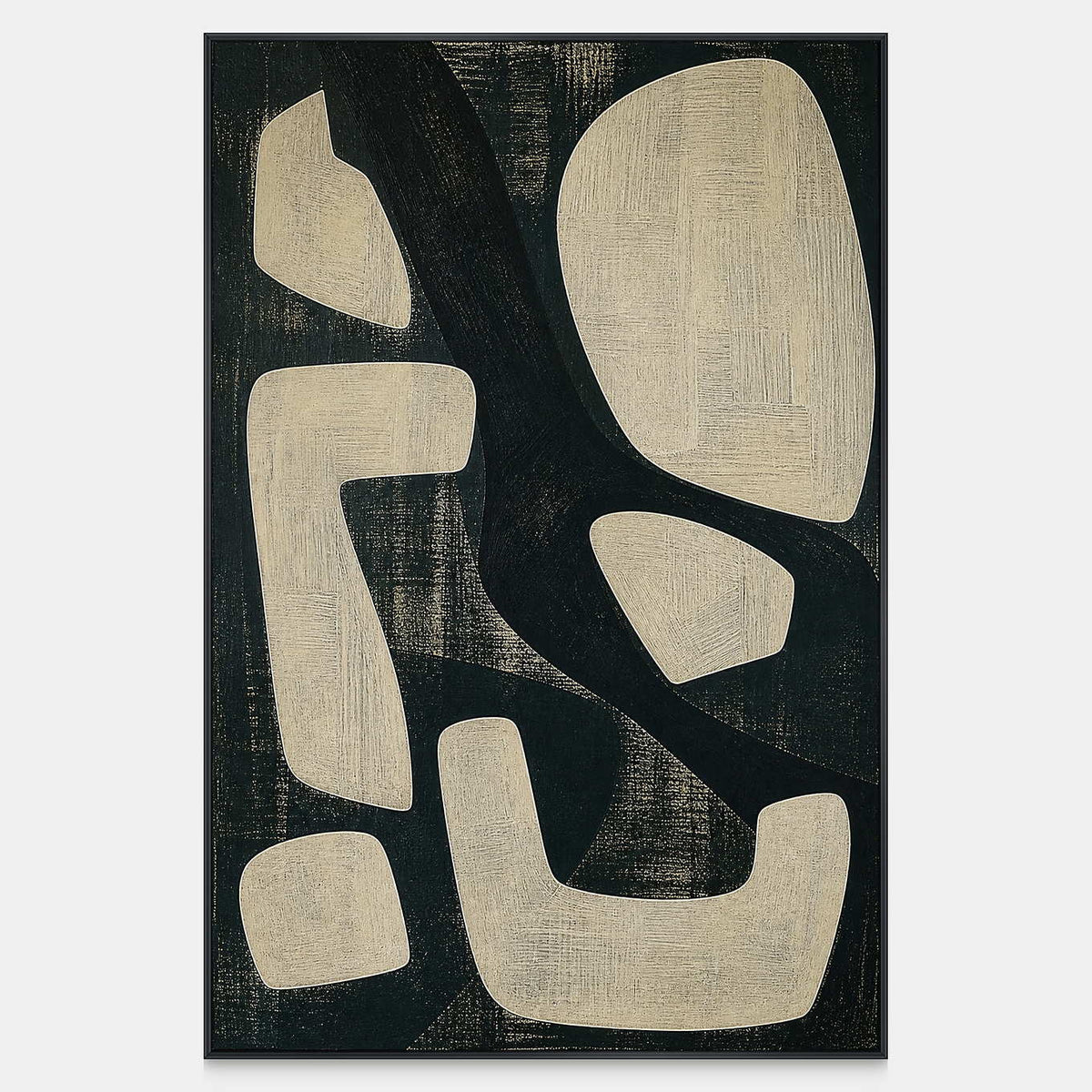 Hand-painted modern abstract wall art with bold ivory shapes on black.