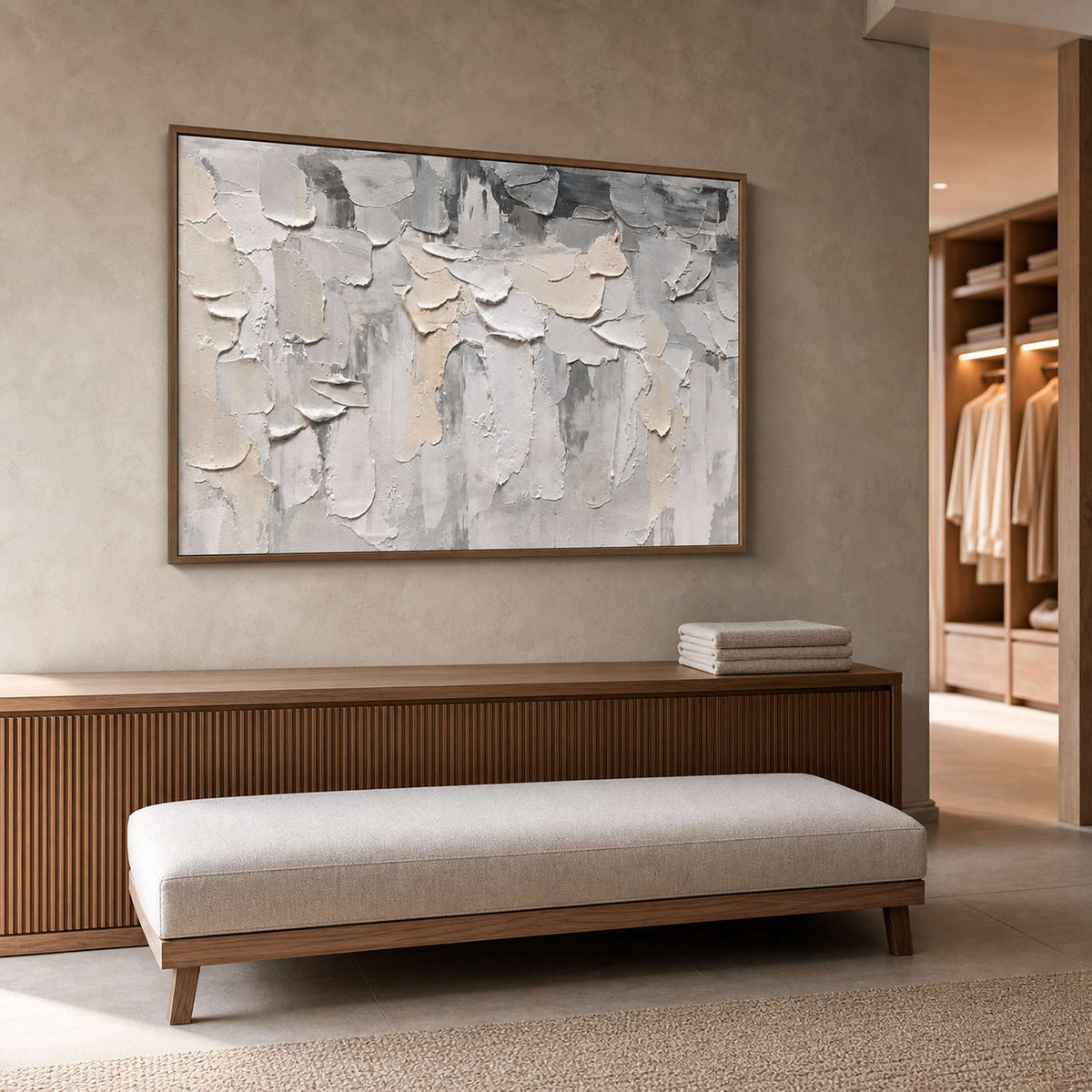 Neutral Textured Wall Art displayed in a refined spa reception.