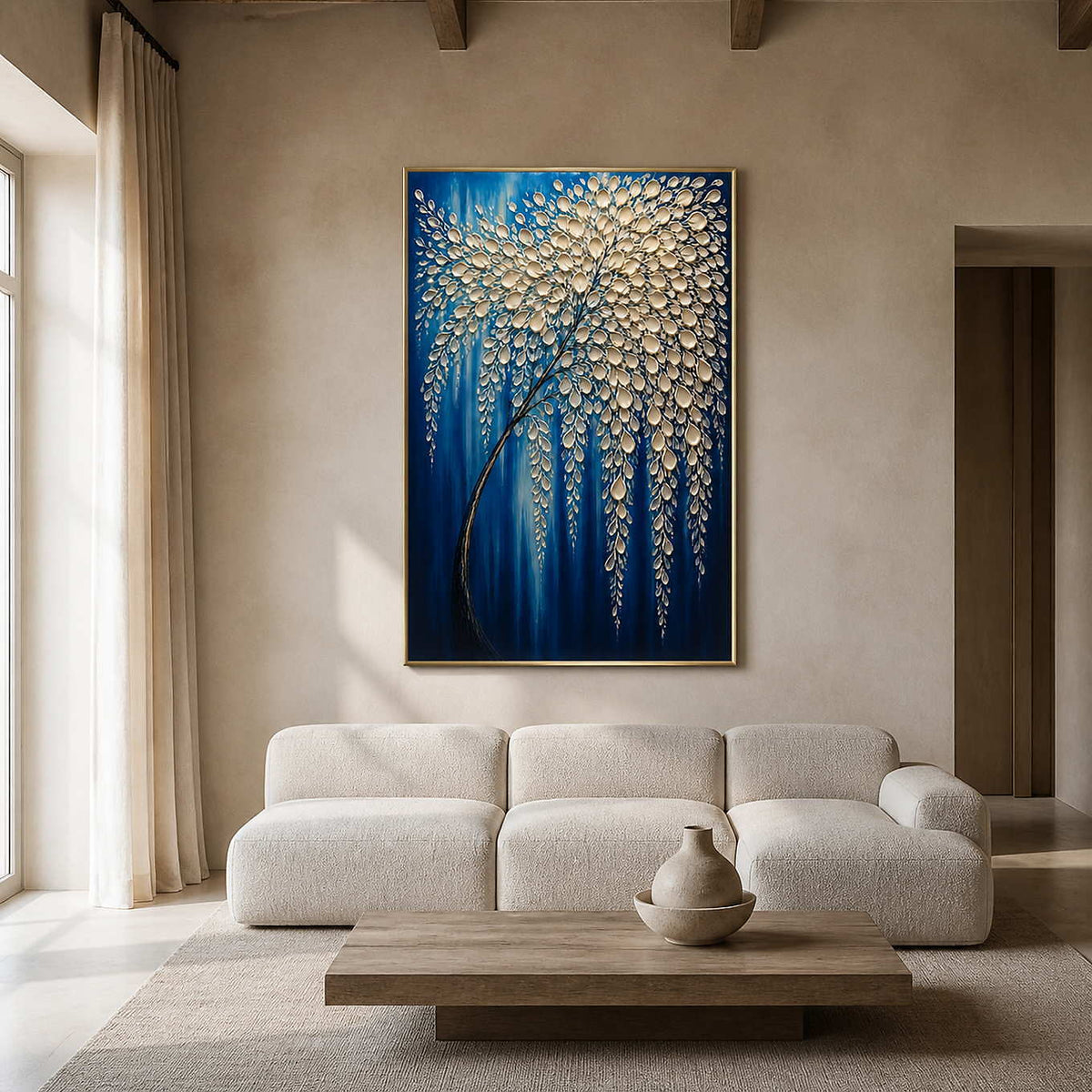 Blue textured botanical wall art in a warm contemporary living room.