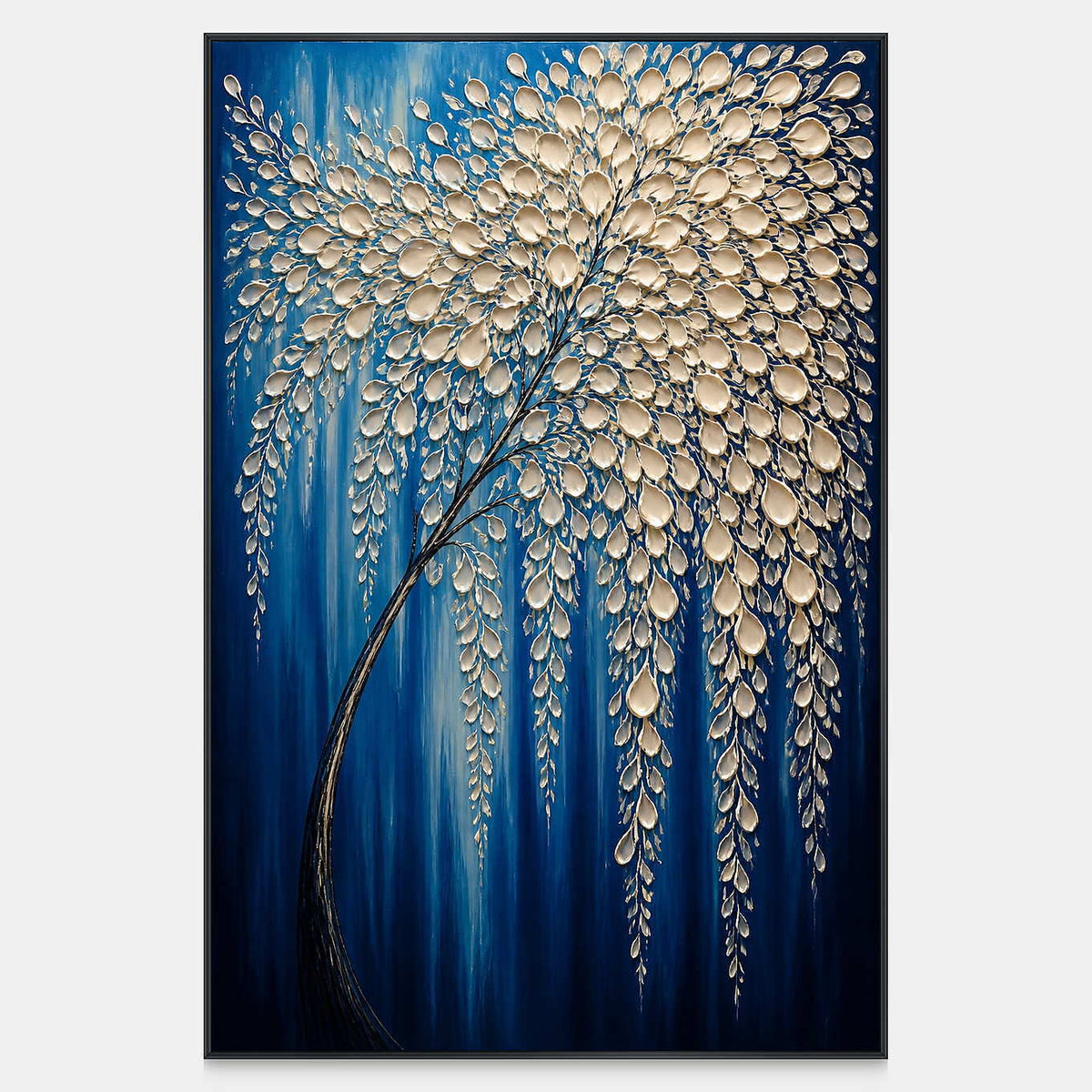 Hand-painted cobalt canvas with cascading sculpted ivory leaves.