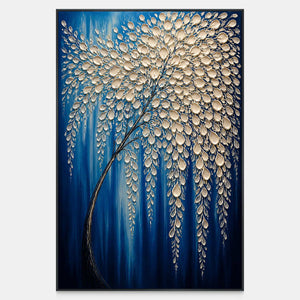 Hand-painted cobalt canvas with cascading sculpted ivory leaves.